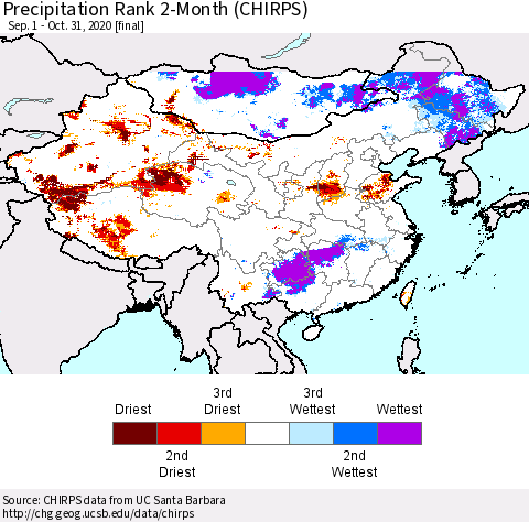 China, Mongolia and Taiwan Precipitation Rank since 1981, 2-Month (CHIRPS) Thematic Map For 9/1/2020 - 10/31/2020