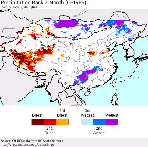 China, Mongolia and Taiwan Precipitation Rank since 1981, 2-Month (CHIRPS) Thematic Map For 9/6/2020 - 11/5/2020