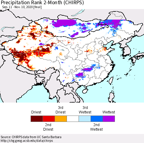 China, Mongolia and Taiwan Precipitation Rank since 1981, 2-Month (CHIRPS) Thematic Map For 9/11/2020 - 11/10/2020