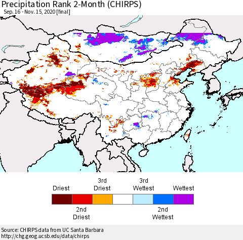 China, Mongolia and Taiwan Precipitation Rank since 1981, 2-Month (CHIRPS) Thematic Map For 9/16/2020 - 11/15/2020