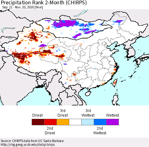 China, Mongolia and Taiwan Precipitation Rank since 1981, 2-Month (CHIRPS) Thematic Map For 9/21/2020 - 11/20/2020