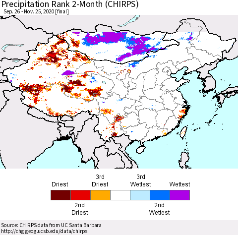 China, Mongolia and Taiwan Precipitation Rank since 1981, 2-Month (CHIRPS) Thematic Map For 9/26/2020 - 11/25/2020