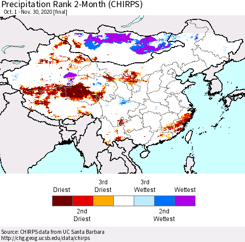 China, Mongolia and Taiwan Precipitation Rank since 1981, 2-Month (CHIRPS) Thematic Map For 10/1/2020 - 11/30/2020