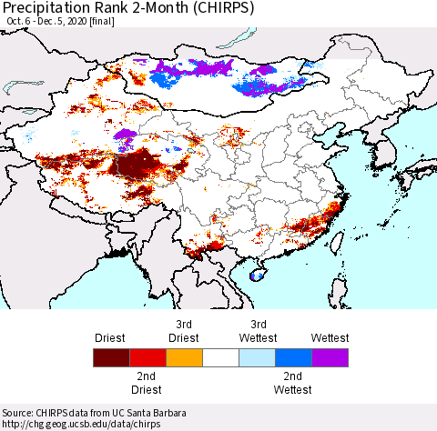 China, Mongolia and Taiwan Precipitation Rank since 1981, 2-Month (CHIRPS) Thematic Map For 10/6/2020 - 12/5/2020