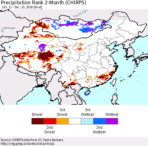 China, Mongolia and Taiwan Precipitation Rank since 1981, 2-Month (CHIRPS) Thematic Map For 10/11/2020 - 12/10/2020