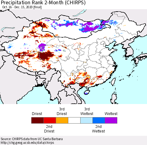 China, Mongolia and Taiwan Precipitation Rank since 1981, 2-Month (CHIRPS) Thematic Map For 10/16/2020 - 12/15/2020
