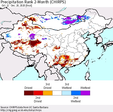 China, Mongolia and Taiwan Precipitation Rank since 1981, 2-Month (CHIRPS) Thematic Map For 10/21/2020 - 12/20/2020