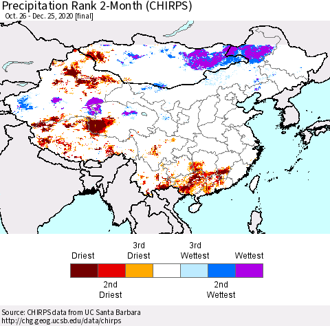 China, Mongolia and Taiwan Precipitation Rank since 1981, 2-Month (CHIRPS) Thematic Map For 10/26/2020 - 12/25/2020