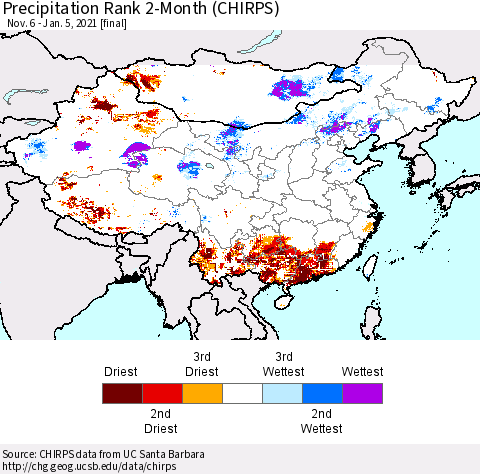 China, Mongolia and Taiwan Precipitation Rank since 1981, 2-Month (CHIRPS) Thematic Map For 11/6/2020 - 1/5/2021
