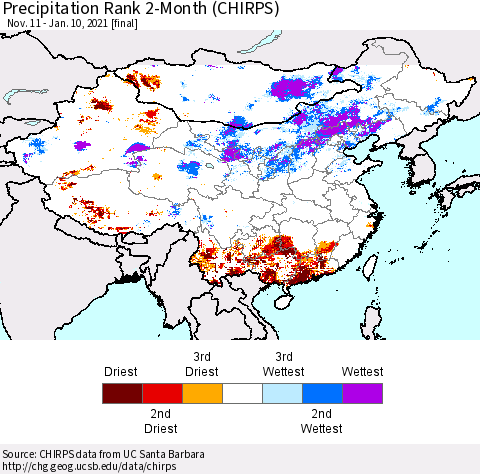 China, Mongolia and Taiwan Precipitation Rank since 1981, 2-Month (CHIRPS) Thematic Map For 11/11/2020 - 1/10/2021