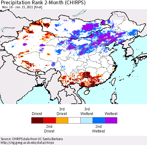 China, Mongolia and Taiwan Precipitation Rank since 1981, 2-Month (CHIRPS) Thematic Map For 11/16/2020 - 1/15/2021