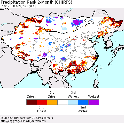 China, Mongolia and Taiwan Precipitation Rank since 1981, 2-Month (CHIRPS) Thematic Map For 11/21/2020 - 1/20/2021
