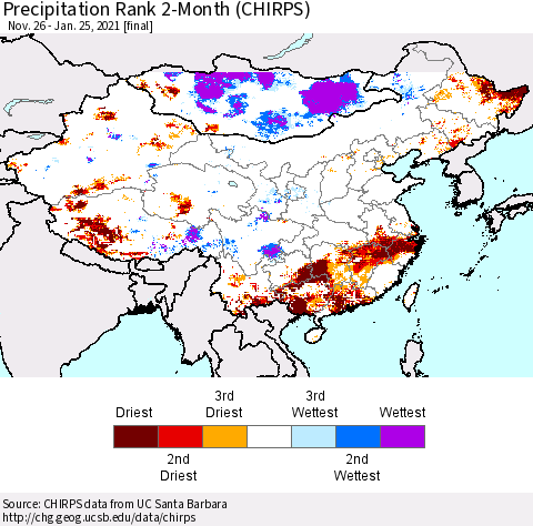 China, Mongolia and Taiwan Precipitation Rank since 1981, 2-Month (CHIRPS) Thematic Map For 11/26/2020 - 1/25/2021