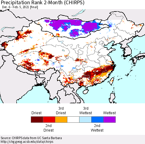 China, Mongolia and Taiwan Precipitation Rank since 1981, 2-Month (CHIRPS) Thematic Map For 12/6/2020 - 2/5/2021
