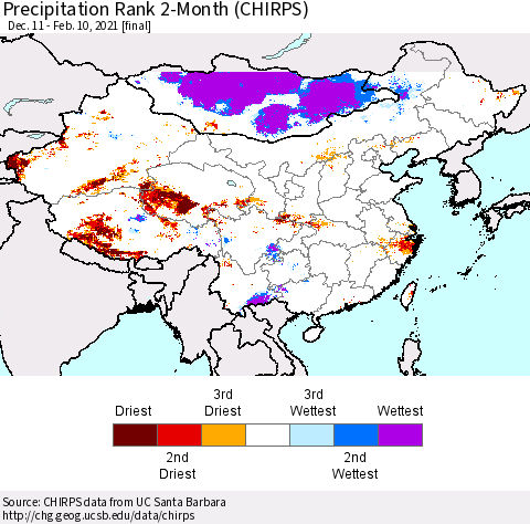 China, Mongolia and Taiwan Precipitation Rank since 1981, 2-Month (CHIRPS) Thematic Map For 12/11/2020 - 2/10/2021