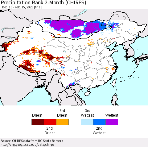 China, Mongolia and Taiwan Precipitation Rank since 1981, 2-Month (CHIRPS) Thematic Map For 12/16/2020 - 2/15/2021