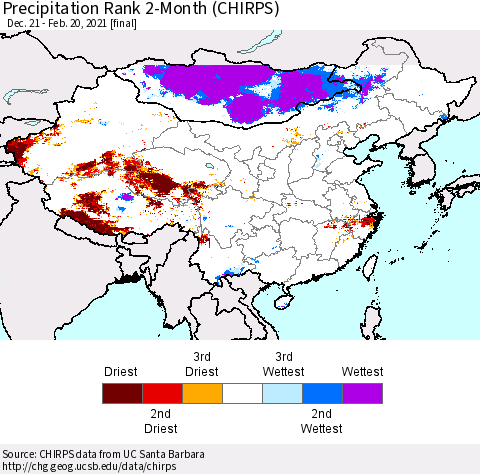 China, Mongolia and Taiwan Precipitation Rank since 1981, 2-Month (CHIRPS) Thematic Map For 12/21/2020 - 2/20/2021