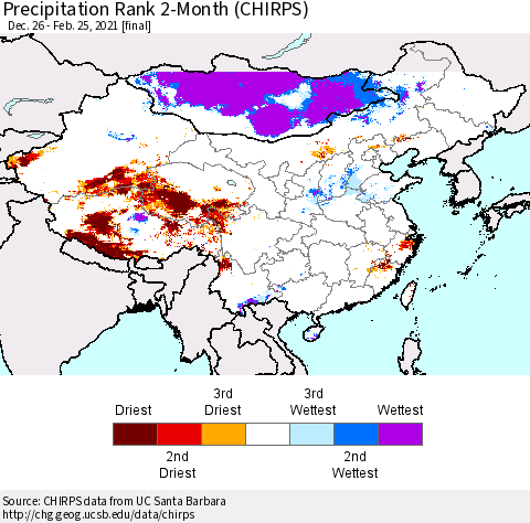 China, Mongolia and Taiwan Precipitation Rank since 1981, 2-Month (CHIRPS) Thematic Map For 12/26/2020 - 2/25/2021