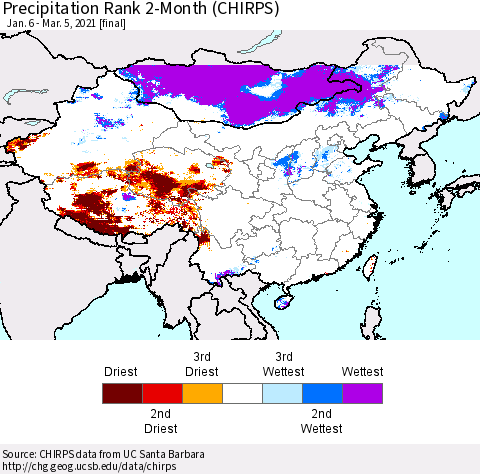 China, Mongolia and Taiwan Precipitation Rank since 1981, 2-Month (CHIRPS) Thematic Map For 1/6/2021 - 3/5/2021