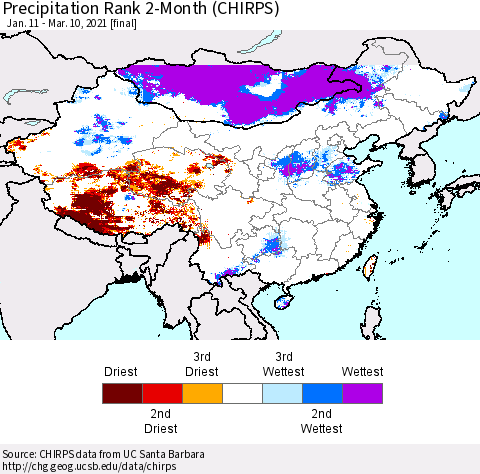 China, Mongolia and Taiwan Precipitation Rank since 1981, 2-Month (CHIRPS) Thematic Map For 1/11/2021 - 3/10/2021