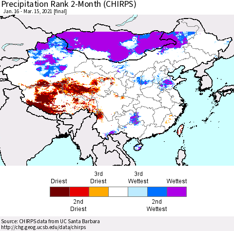 China, Mongolia and Taiwan Precipitation Rank since 1981, 2-Month (CHIRPS) Thematic Map For 1/16/2021 - 3/15/2021
