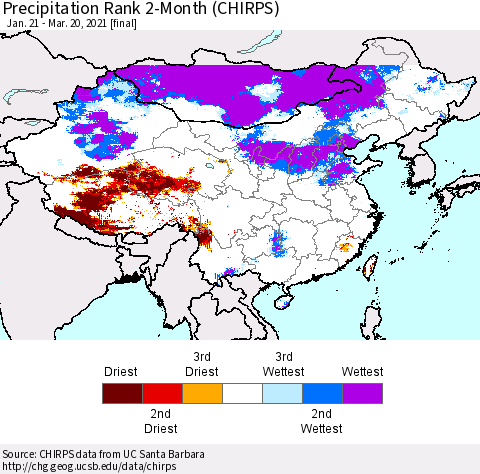 China, Mongolia and Taiwan Precipitation Rank since 1981, 2-Month (CHIRPS) Thematic Map For 1/21/2021 - 3/20/2021