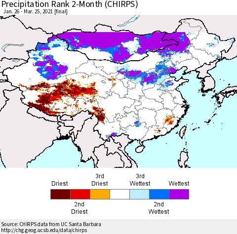 China, Mongolia and Taiwan Precipitation Rank since 1981, 2-Month (CHIRPS) Thematic Map For 1/26/2021 - 3/25/2021