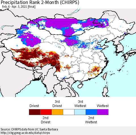 China, Mongolia and Taiwan Precipitation Rank since 1981, 2-Month (CHIRPS) Thematic Map For 2/6/2021 - 4/5/2021