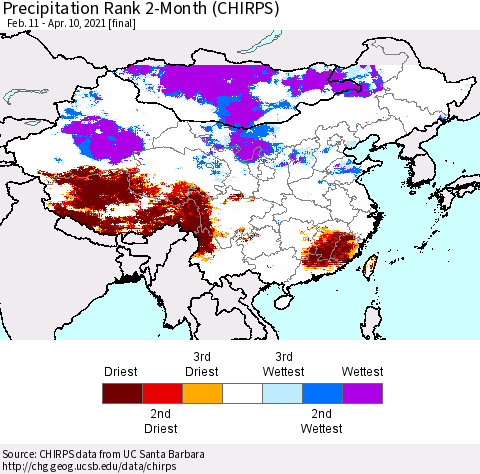 China, Mongolia and Taiwan Precipitation Rank since 1981, 2-Month (CHIRPS) Thematic Map For 2/11/2021 - 4/10/2021