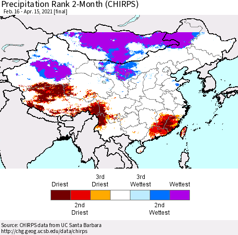 China, Mongolia and Taiwan Precipitation Rank since 1981, 2-Month (CHIRPS) Thematic Map For 2/16/2021 - 4/15/2021