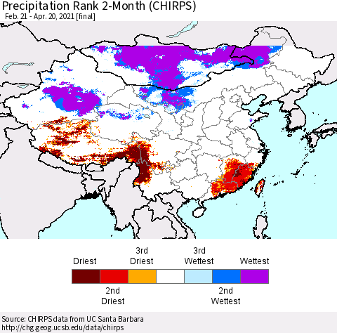 China, Mongolia and Taiwan Precipitation Rank since 1981, 2-Month (CHIRPS) Thematic Map For 2/21/2021 - 4/20/2021