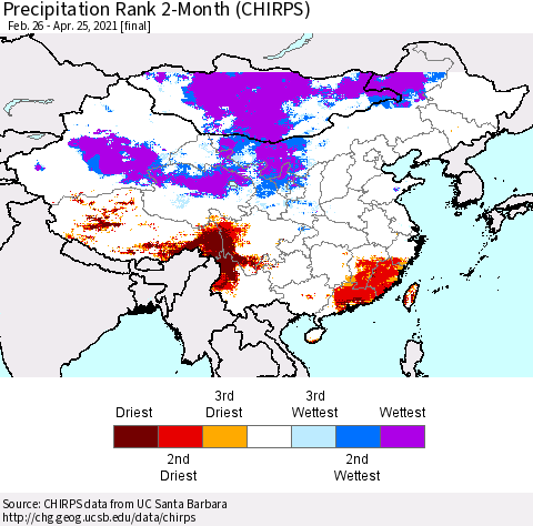 China, Mongolia and Taiwan Precipitation Rank since 1981, 2-Month (CHIRPS) Thematic Map For 2/26/2021 - 4/25/2021