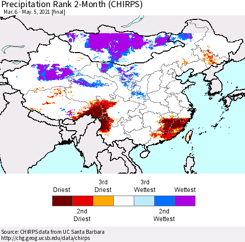 China, Mongolia and Taiwan Precipitation Rank since 1981, 2-Month (CHIRPS) Thematic Map For 3/6/2021 - 5/5/2021