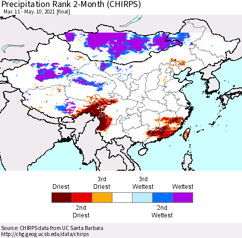 China, Mongolia and Taiwan Precipitation Rank since 1981, 2-Month (CHIRPS) Thematic Map For 3/11/2021 - 5/10/2021