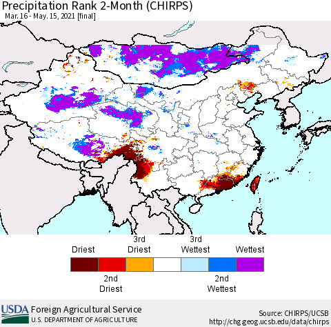 China, Mongolia and Taiwan Precipitation Rank since 1981, 2-Month (CHIRPS) Thematic Map For 3/16/2021 - 5/15/2021