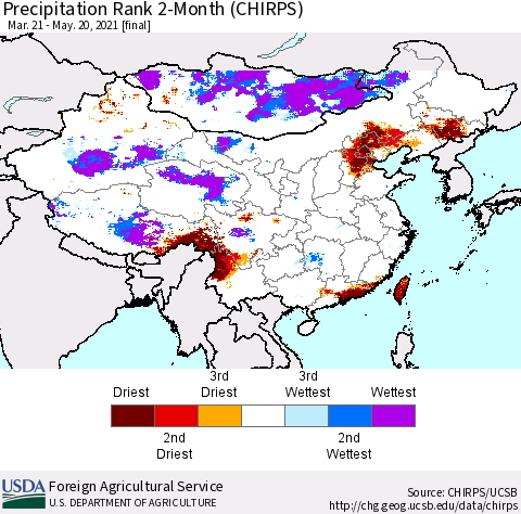 China, Mongolia and Taiwan Precipitation Rank since 1981, 2-Month (CHIRPS) Thematic Map For 3/21/2021 - 5/20/2021