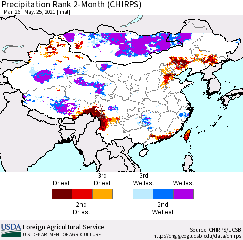 China, Mongolia and Taiwan Precipitation Rank since 1981, 2-Month (CHIRPS) Thematic Map For 3/26/2021 - 5/25/2021