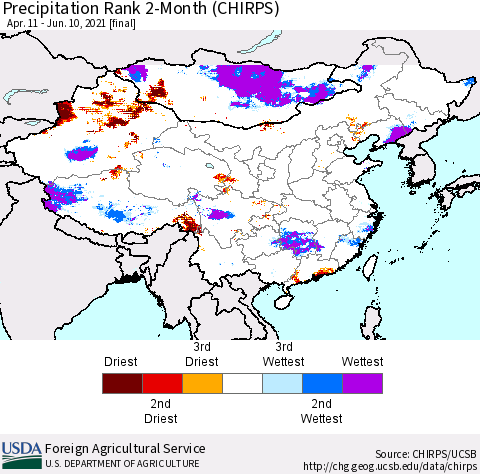 China, Mongolia and Taiwan Precipitation Rank since 1981, 2-Month (CHIRPS) Thematic Map For 4/11/2021 - 6/10/2021