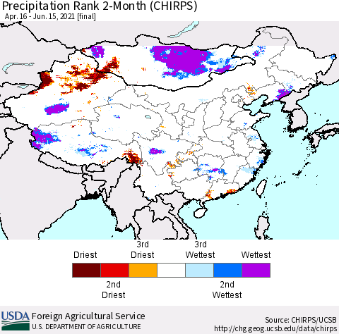 China, Mongolia and Taiwan Precipitation Rank since 1981, 2-Month (CHIRPS) Thematic Map For 4/16/2021 - 6/15/2021