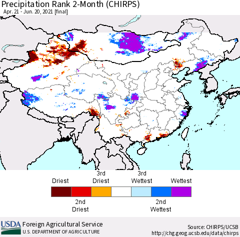 China, Mongolia and Taiwan Precipitation Rank since 1981, 2-Month (CHIRPS) Thematic Map For 4/21/2021 - 6/20/2021