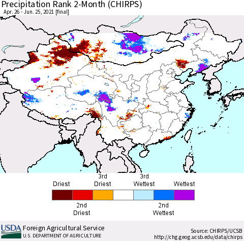 China, Mongolia and Taiwan Precipitation Rank since 1981, 2-Month (CHIRPS) Thematic Map For 4/26/2021 - 6/25/2021