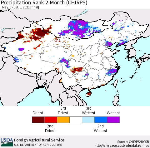 China, Mongolia and Taiwan Precipitation Rank since 1981, 2-Month (CHIRPS) Thematic Map For 5/6/2021 - 7/5/2021