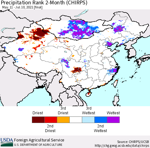 China, Mongolia and Taiwan Precipitation Rank since 1981, 2-Month (CHIRPS) Thematic Map For 5/11/2021 - 7/10/2021