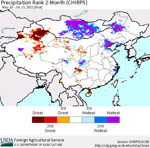 China, Mongolia and Taiwan Precipitation Rank since 1981, 2-Month (CHIRPS) Thematic Map For 5/16/2021 - 7/15/2021