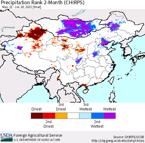 China, Mongolia and Taiwan Precipitation Rank since 1981, 2-Month (CHIRPS) Thematic Map For 5/21/2021 - 7/20/2021