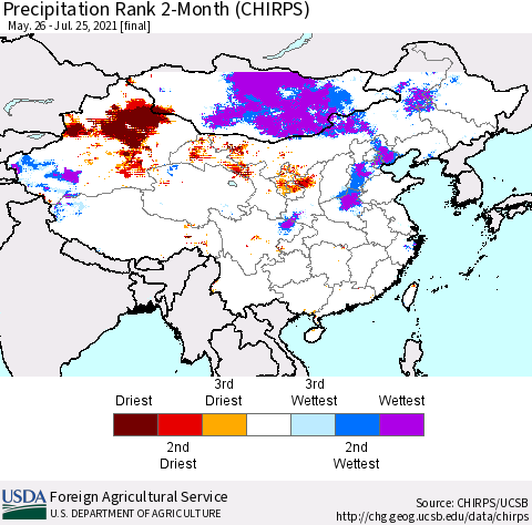 China, Mongolia and Taiwan Precipitation Rank since 1981, 2-Month (CHIRPS) Thematic Map For 5/26/2021 - 7/25/2021