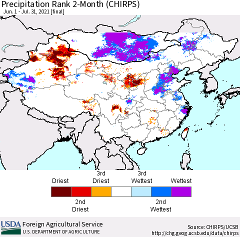 China, Mongolia and Taiwan Precipitation Rank since 1981, 2-Month (CHIRPS) Thematic Map For 6/1/2021 - 7/31/2021
