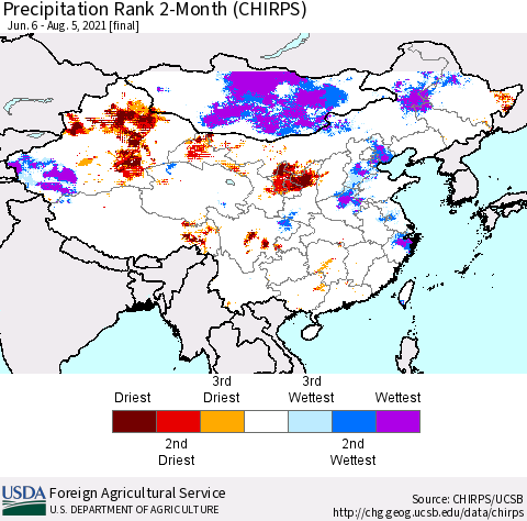 China, Mongolia and Taiwan Precipitation Rank since 1981, 2-Month (CHIRPS) Thematic Map For 6/6/2021 - 8/5/2021