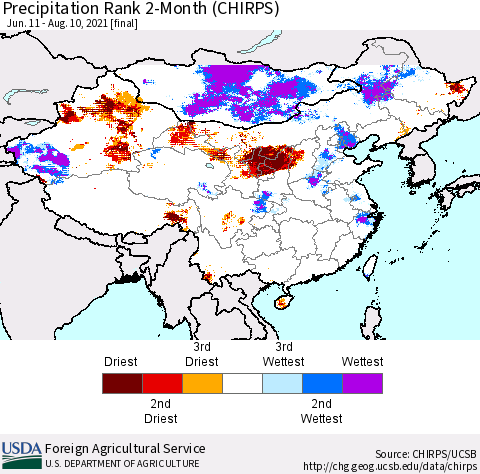 China, Mongolia and Taiwan Precipitation Rank since 1981, 2-Month (CHIRPS) Thematic Map For 6/11/2021 - 8/10/2021
