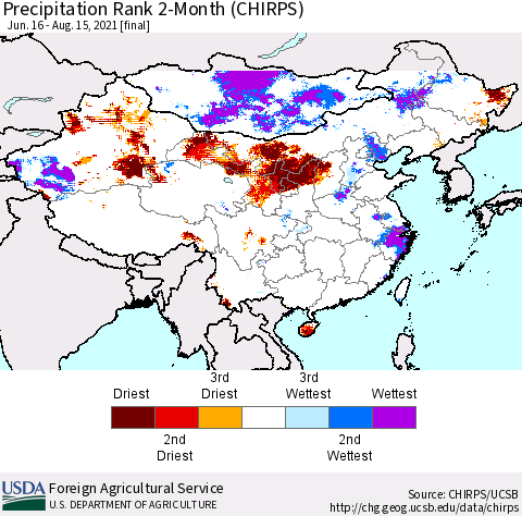 China, Mongolia and Taiwan Precipitation Rank since 1981, 2-Month (CHIRPS) Thematic Map For 6/16/2021 - 8/15/2021